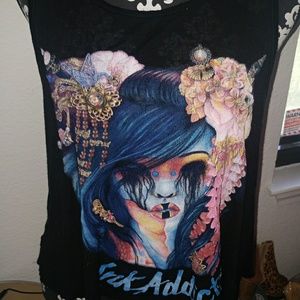 Ink Addict • Rare HTF Graphic Black Open Flutter Back Geisha Girl Tank Top XS